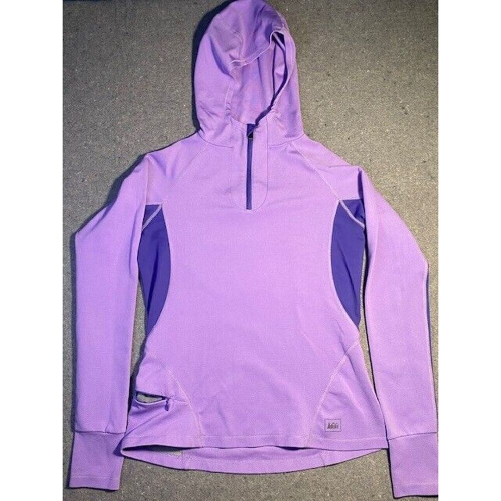 REI WOMENS Quarter Zip Hiking Hoodie XXS Purple TOP Knit‎ Thumb holes Outdoor